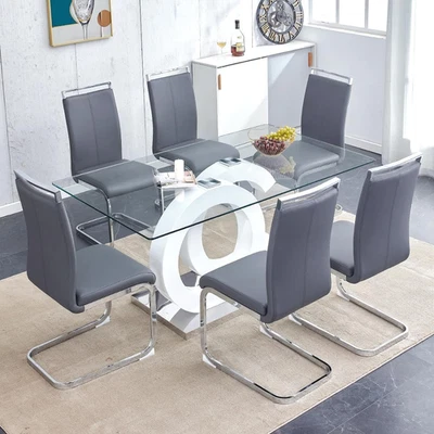 Juego de mesa de comedor moderna de vidrio de 63"" para 6, con 6 sillas ergonómicas de cuero PU para Foto 1 de 4