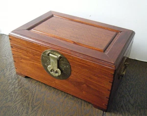 Vintage Chinese Huanghuali Rosewood Jewelry Box Brass Hardware Velvet Lined - Picture 1 of 13