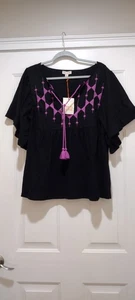 Neu mit Etikett Knox Rose schwarz & lila bestickt Boho Bauern Top Größe 2X Bluse  - Bild 1 von 8
