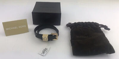Michael Kors Women's Black Leather Double Wrap Bracelet Gold Rhinestones Box Bag - Image 1 of 4