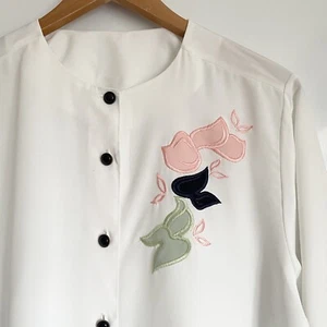 Vintage White Blouse Ladies Sheer Long Sleeved Retro Embroidered Size L - Picture 1 of 8