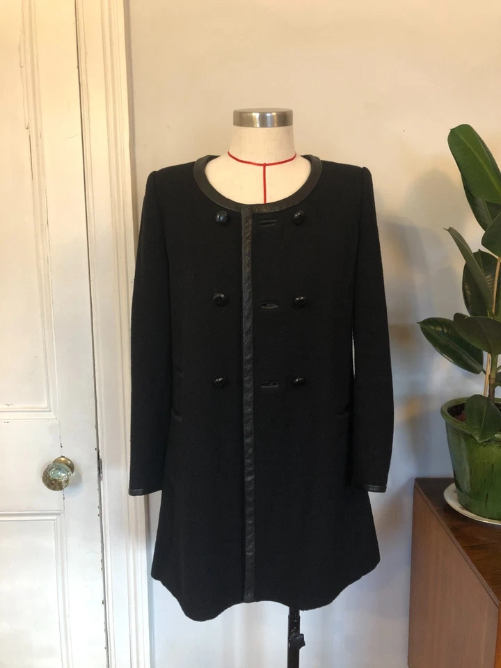 Isabel Marant 60's style black wool coat with leather details, size 1 or UK 8 - Image 1 of 4