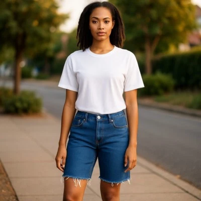 Rocawear Womens Medium Bermuda Shorts Gold Back Pocket Logo Denim - Size 14 - Image 1 of 4