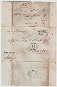1848 BREMEN GERMANY LETTER TO HUTH LONDON VIA OSTENDE & HANDSTAMPED FRANCO - Picture 1 of 2