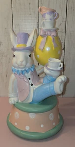 12" Mad Hatter White Rabbit Figurine Balancing Tea Cups Easter Egg NEW - Picture 1 of 7