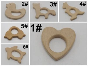 2PcsWooden Animal Teether Teething Ring Natural Untreated Beech Wood Baby Rattle - Picture 1 of 41