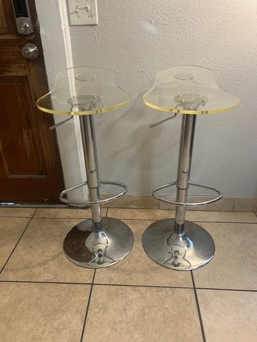 Vintage Set Of 2 Lucite Acrylic Plastic Chrome Adjustable Foot Rest Swivel Stool Cover