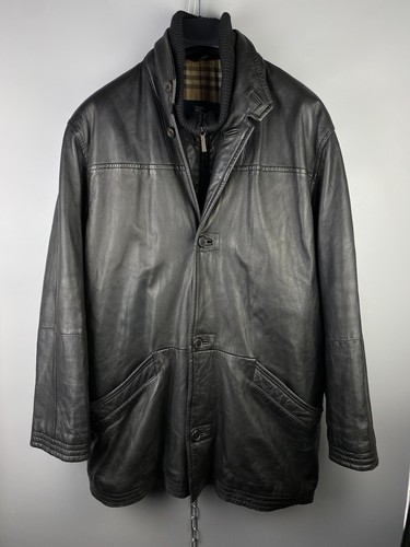 Giacca cappotto lungo Burberry London da uomo in pelle Napa Nova Check nera con cerniera taglia L