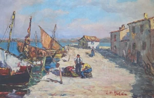 Antique Original Painting Seaview Landscape, Martigues, Fishermen signed - Picture 1 of 8