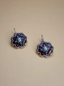 44 Yr Old NINA RICCI Signed 1980 Floral Red Enamel Faux Turquoise Bead Earrings - Picture 1 of 9