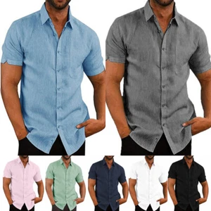 Mens Cotton Linen Plain Shirts Tops Summer Short Sleeve Casual T Shirt Blouse - Picture 1 of 35