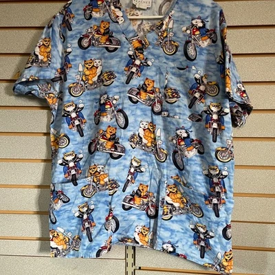 Peaches Uniforms Scrub Top Women's Men's Blue Motorcycle Cats Print V-Neck XL - Image 1 of 3