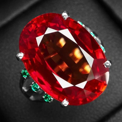 Anillos hechos a mano de plata de ley 925 ovalados de zafiro naranja rojizo elíseo de 19,60 quilates Foto 1 de 4