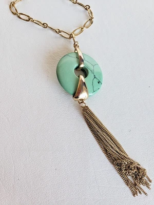 Boho Gold Chain Necklace Faux Turquoise Donut Pendant Tassel Drop Statement 36" - Image 1 of 4