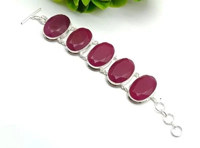 Natural Pink Ruby Gemstone 925 Sterling Silver Jewelry Bracelet Size 7-8" - Image 1 of 4