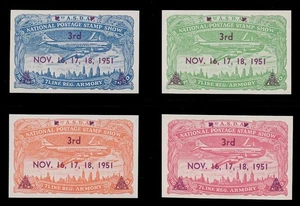 1951 ASDA STAMP SHOW POSTER STAMPS, MAGENTA OVERPRINT, IMPERFORATE - SET OF 4 - Picture 1 of 2