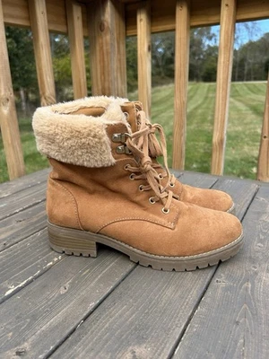 Faux Fur Lined Suede Hiker Winter Boots Mid Caramel Lace-Up Block Heel Womens 8  - Image 1 of 4