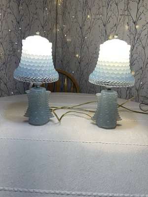 Pair Antique Depression Blue Hobnail Milk Glass lamps w/glass shades - Image 1 of 4