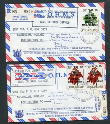COOK ISLANDS 1971 dos reg. st. overp. Reino Unido CORREO ESPECIAL S. vía Holanda a ITALIA Foto 1 de 3