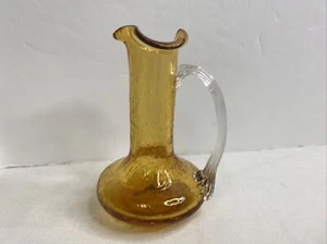 Vintage Crackle Amber Glass Creamer 4-1/2” Tall Clear Handle - Picture 1 of 12