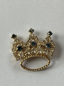 Small Clear & Dark Blue Rhinestone Goldtone CROWN Brooch Pin - 1.25 x 1.25 inche - Picture 1 of 6