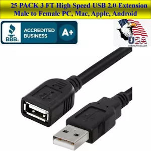 25 PACK High Speed USB 2.0 Extension Cable A Male to A Female 3 FT PC, PHONE - Picture 1 of 7