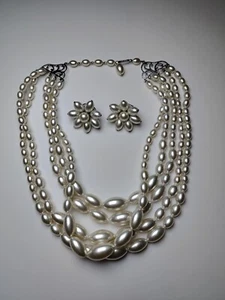 VTG 5 Layer Multi Strand Oval Faux Pearl Choker Necklace & Clip On Earrings Set - Picture 1 of 12