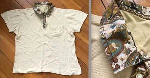 VTG 50s HENLEY HAWAIIAN TIKI PRINT COTTON PALE YELLOW PLAID COLLAR SHIRT FLAWS - Picture 1 of 11