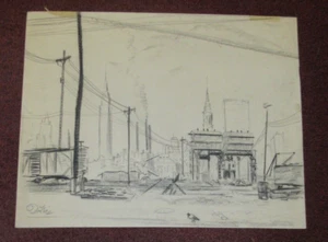 Vintage Leon Dolice New York Cityscape Drawing NYC Signed - Picture 1 of 7