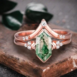 Hexagon Cut Moss Agate &CZ Stackable Ring , 925 Sterling Silver Rose Gold Plated - Picture 1 of 5