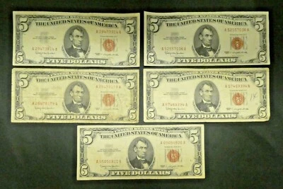 1963 $5 United States Notes Lot of 5 US Currency Paper Money Notes - Image 1 of 2