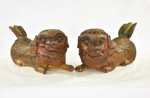Pair Antique Chinese Red Yellow Wood Carved Statue Animal Foo Dog / Lion  - Picture 1 of 7