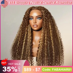 Highlight Curly Wig Human Hair Deep Wave Lace Front Wigs 13x4 HD 5/27 Blonde Wig - Picture 1 of 12
