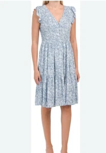 LUCKY BRAND Sz XS V-Neck  Dress  Floral Blue White Elastic Top Tier Lined Ruffle - Picture 1 of 9