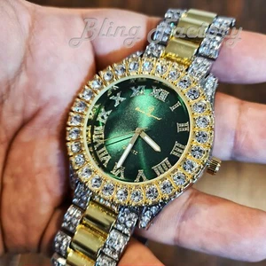 Hip Hop Iced Two Tone Rapper Bling Lab Diamond Green Dial Metal Luxury Watch - Picture 1 of 3