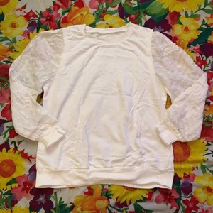 New Evaless Women’s Long Sleeve Sweatshirt Crew Neck Eyelet Sleeve White XL - Picture 1 of 8