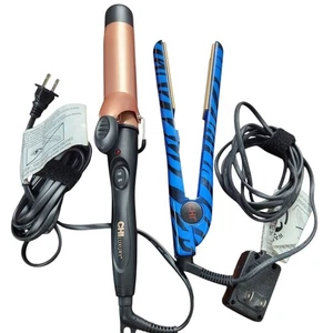 CHI Luxury Hair Styling Tools Set (2) Curling Iron Hair Straightener Zebra Blue - Picture 1 of 8