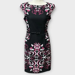 London Times Sheath Dress Size 10 Black Baroque Pencil Cap Sleeve Belted Stretch - Picture 1 of 13