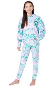 Justice Girls Pajamas Aqua/Pink Size 7/8 Hood Top And Pants Pockets 2 Piece Set - Picture 1 of 11