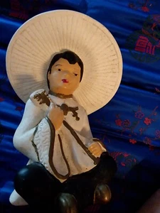 Vintage mid  century Modern Chalkware 1951 Oriental Asian 5”  Figurine hat lute - Picture 1 of 3