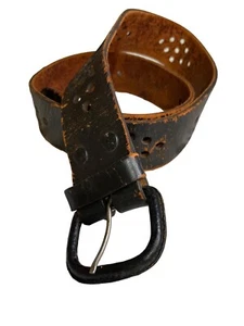 Vintage Distressed Brown Leather Belt With Circular Cutout Design 29-34 - Picture 1 of 5