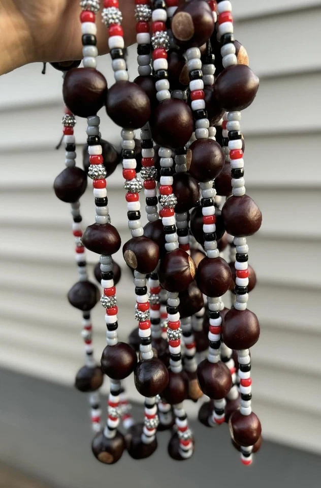 Real Buckeye Rhinestone Necklace BLING!w/ Scarlet Gray Beads 32"  Ohio State Fan - Image 1 of 1