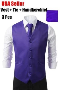 Purple Men's Formal Casual Dress Vest Tie Slim Suit Tuxedo Waistcoat Coat SET - Picture 1 of 1