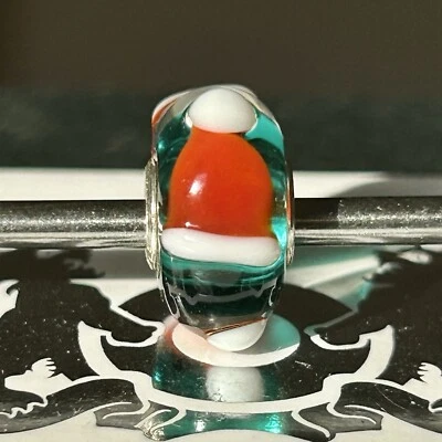 Trollbeads ooak unique glass bead Christmas hat winter teal turquoise red white - Image 1 of 4