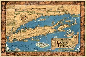"A Map of Long Island" NY 1930s Historic Wall Map - 24x36
