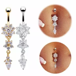 Blume Bauch Knopf Piercing Zirkon Langhantel Nabel Chirurgie Stahl Stange Hängel Tropfen - Bild 1 von 13