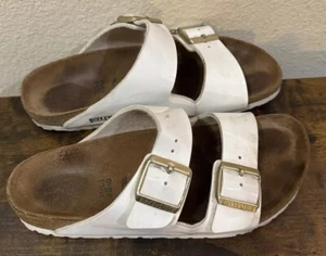 Birkenstock White Sandals Womens EU 39 US 8 Men’s 6 ARIZONA Strap Metallic Gold - Picture 1 of 4