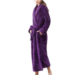 Women's Fleece Robe Long Sleeve V Neck Fuzzy Warm Calf Length Belted Bathrobe - Picture 1 of 38