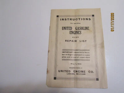 1914 1 1/2HP to 12HP United Gasoline Engine Instruction & Parts Manual Original - Image 1 of 3