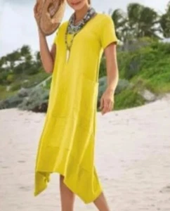 Soft Surroundings Womens Yellow Cotton & Linen Midi Shift Dress Sz xs Lagenlook - Picture 1 of 8